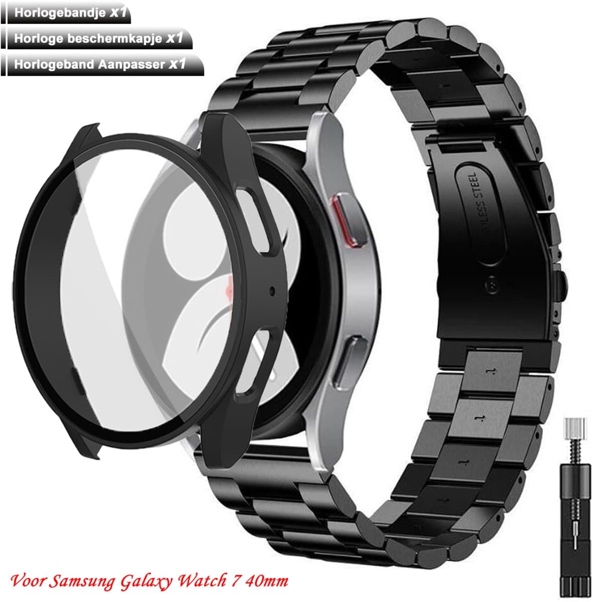 【Voordeelbundel】Stravo RVS Stalen Schakelbandje Zwart + TPU Case Zwart + Horlogebandje Aanpasser - Geschikt voor Samsung Galaxy Watch 7 40mm - Beschermhoes voor Galaxy Watch 7 40mm Smartwatch