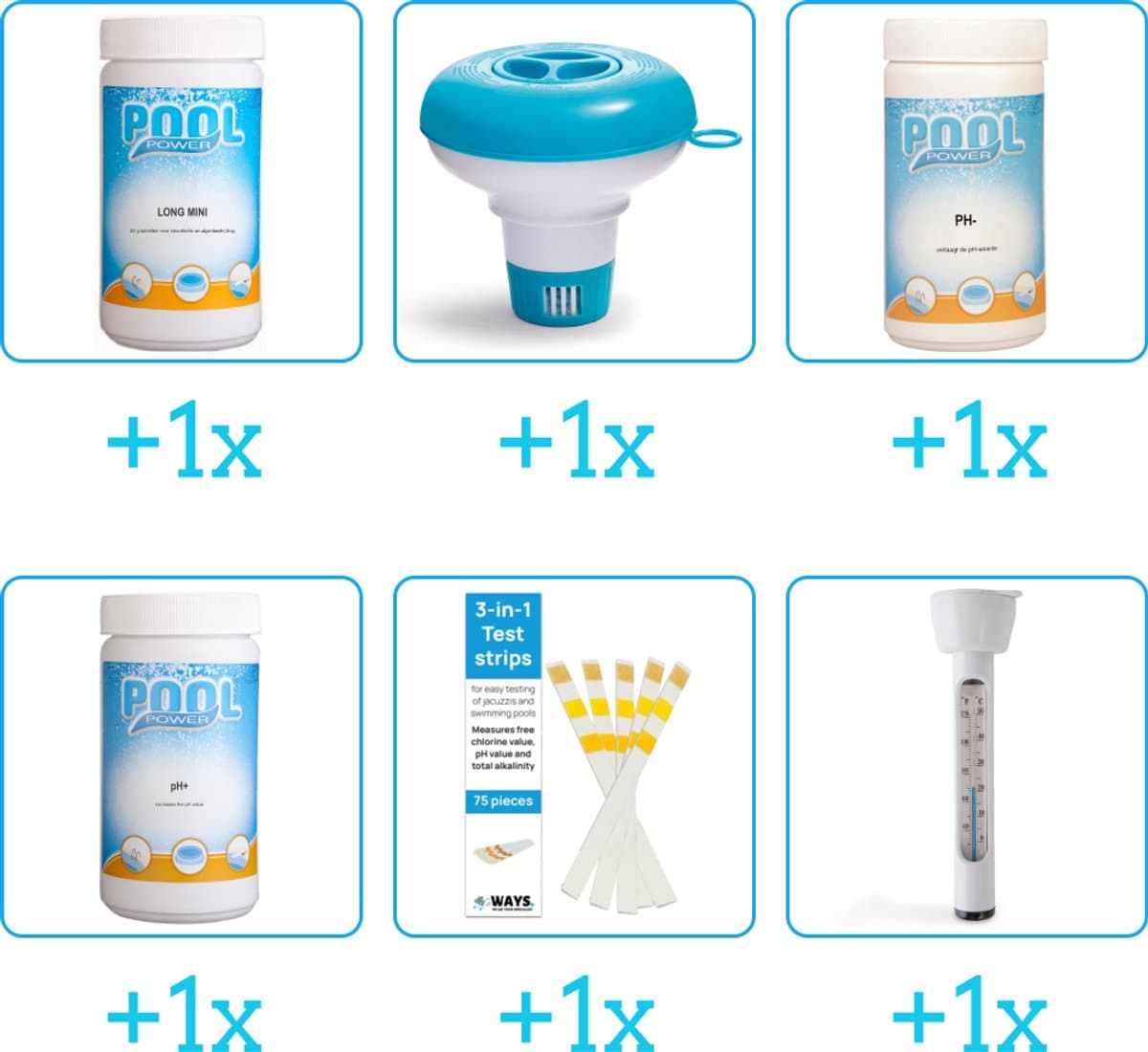 Zwembad Onderhoudspakket - Onderhoud Zwembad - bevat Chloor - Chloordrijver - PH-min - PH-plus - Testrips en Thermometer (6-delig)