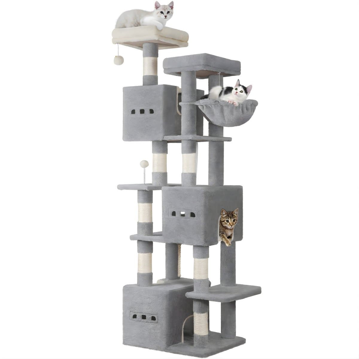 Kattenboom – Voor Binnenkatten – 193 cm Grote Kattenkrabpaal met 2 Platforms, 3 Huisjes en 7 Krabpalen – Lichtgrijs