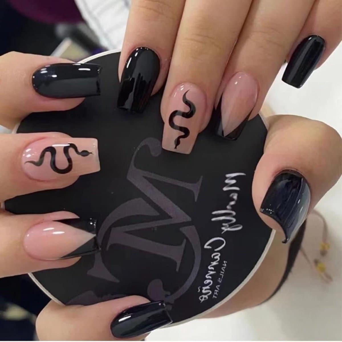 Nepnagels Set - Kunstnagels Doodskist - Nageldecoratie Thuis - Uniek Slangenontwerp - 24 Stuks - Zwart Nude