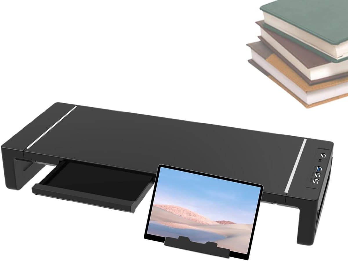 Monitor Verhoger - Bureau Stand - Ergonomisch Werken - Met Lade en USB - 52 cm - Zwart