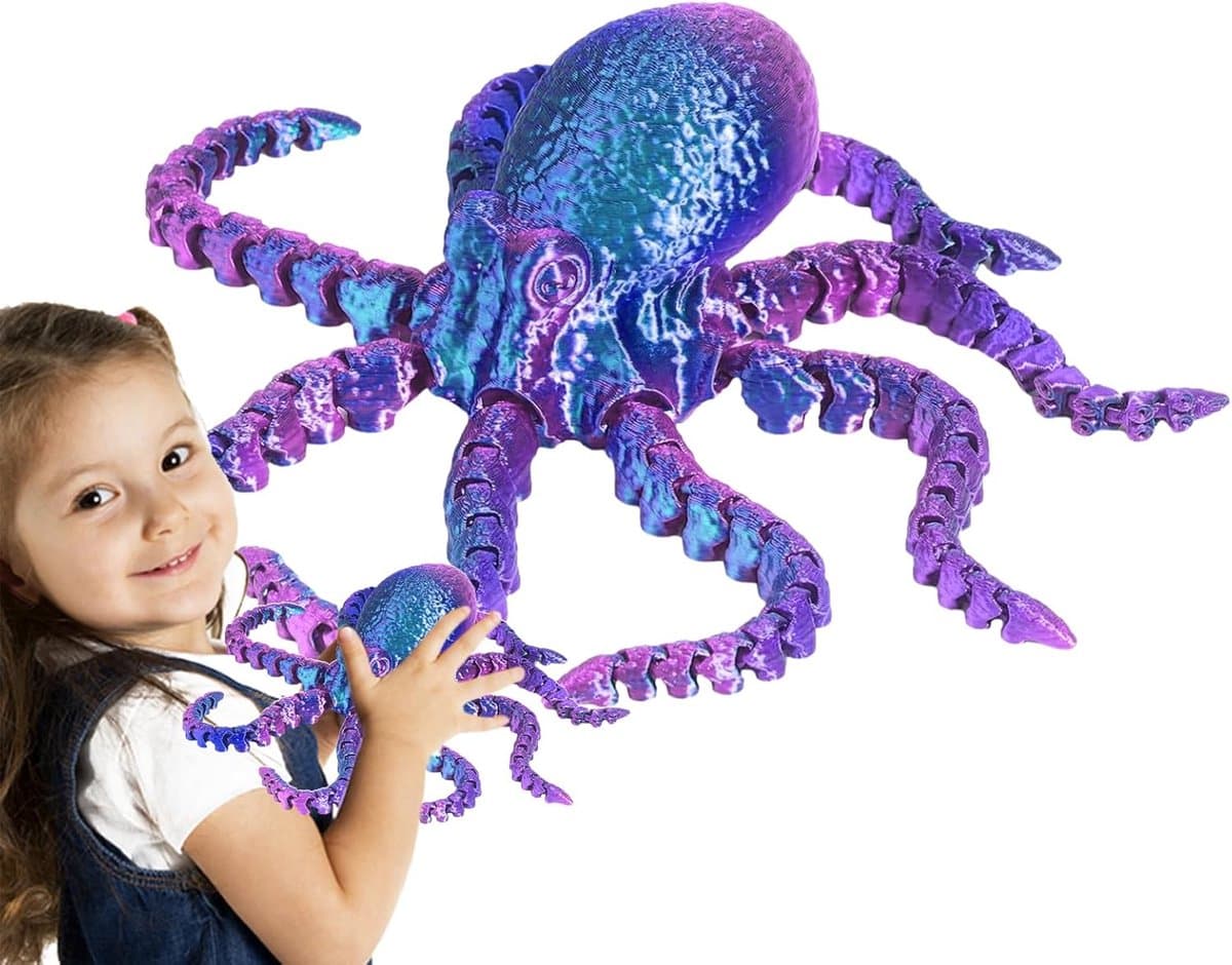 3D Geprinte Octopus - Geleed Beeldje - Stressverlichting Speelgoed - Flexibel Ontwerp - 23x22x5.5cm - Rood Blauw