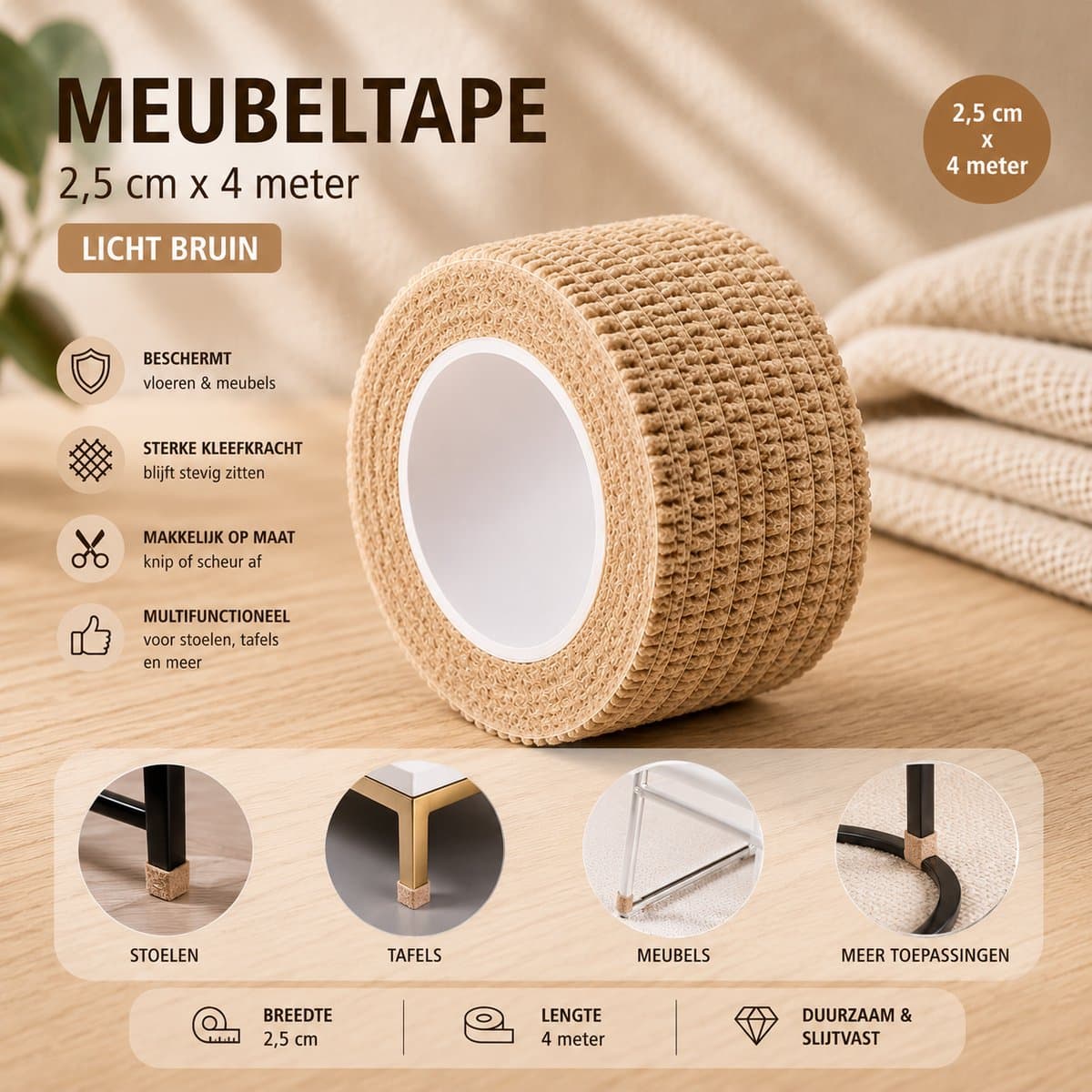 Meubeltape - Crème - 2,5 cm x 4 m - 4 rollen