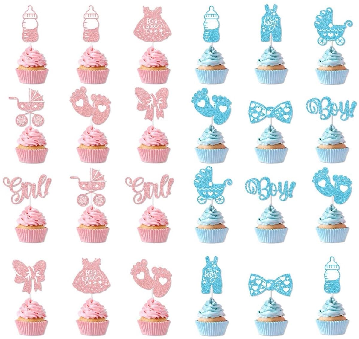 SMOAKEZ- Taarttoppers 24 Stuks - Taartdecoratie Genderreveal - Taartversiering Babyshower - Taartdecoratie Bruiloft - Taartdecoratie Verjaardag - Hoogwaardige Glitterpapier