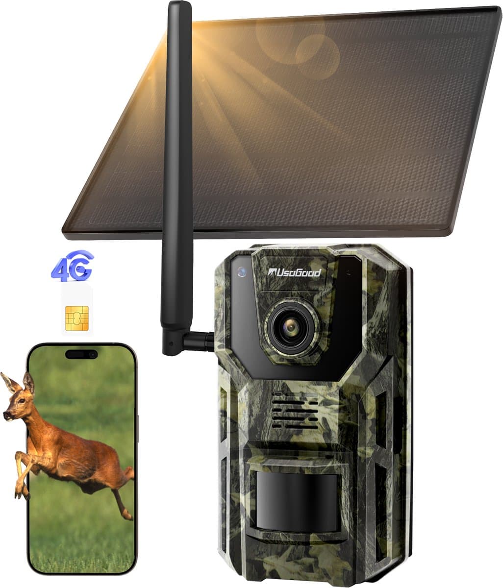 Usogood 4G Wildcamera met Zonnepaneel Oplaadbaar - Wildcamera met Nachtzicht - Incl. SIM Card - 7800 mAh Batterij - Geen wifi - Wildcamera Voor Buiten - Oplaadbaar - Wildlife camera - Smartphone App