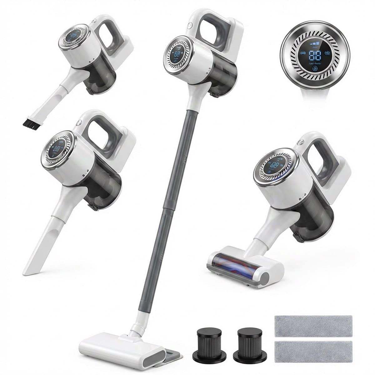 Draadloze steelstofzuiger met dweilfunctie - 15000 Pa - 4 in1 - HEPA - 30 min - Wit