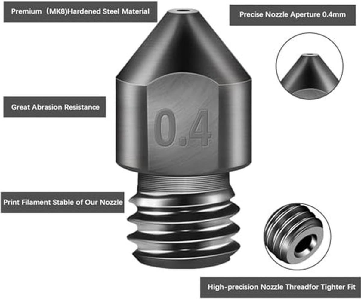 MK8 3D Printer Nozzles, 0.4 mm, Tempered Steel Nozzles + RVS Reinigingskit, voor Creality Ender 3 FDM 3D Printers Extruder Nozzles