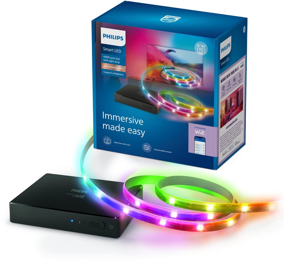 Philips Smart Lighting - HDMI 2.0 Sync Box - 4K bij 60Hz - Inclusief RGBIC LED strip voor 75 tot 85 tv's - Synchroniseer je verlichting met je beeldscherm - Werkt met de WiZ app - Wifi - Entertainment starterkit