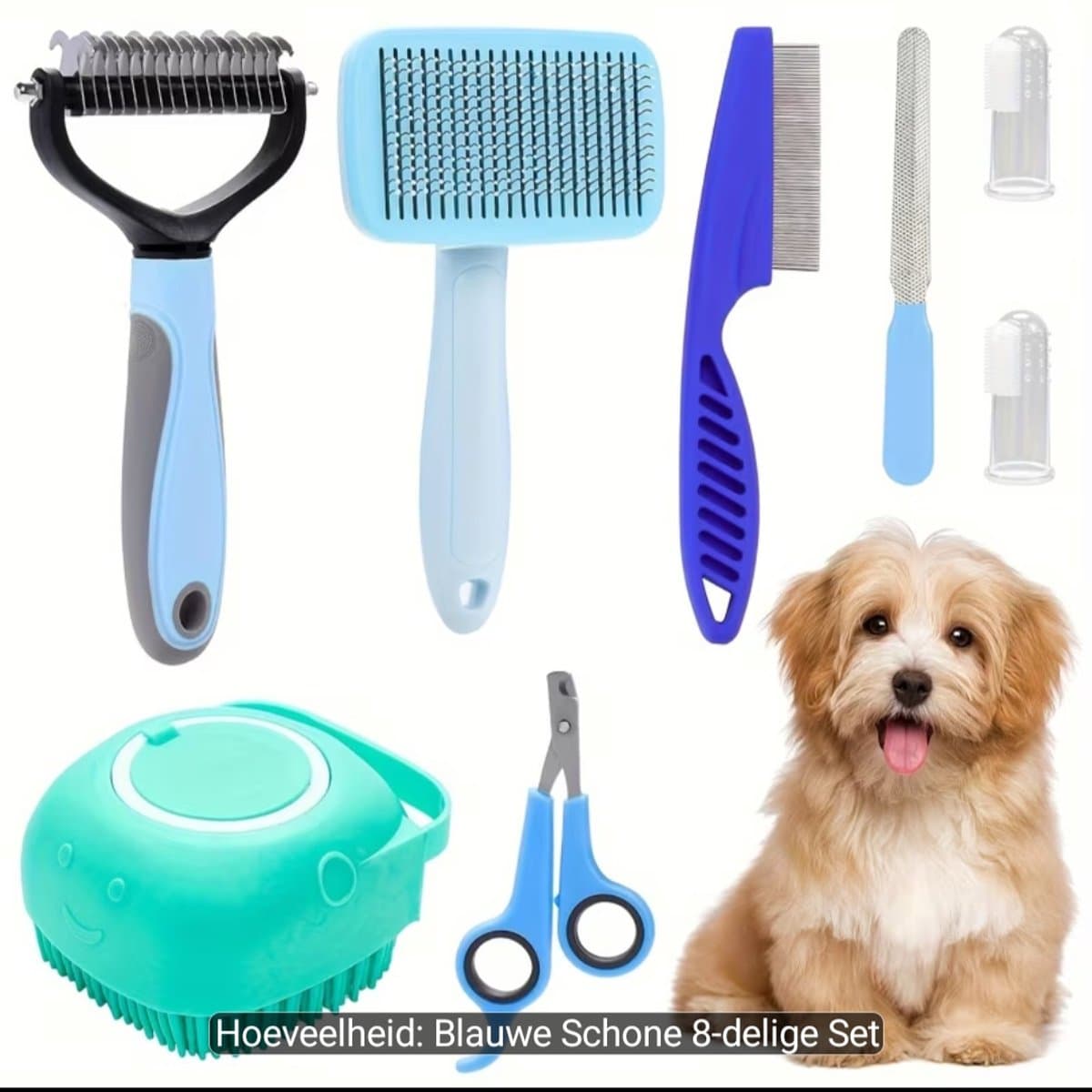 Katten/honden verzorgingsset - 8-delig - Haarverwijderingsborstel - tandenborstel - nagelvijl - vlooienkam - shampoo borstel