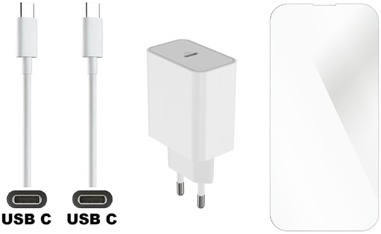 OneOne 45W super snellader. Oplader met sterke 3,0m USB C naar C kabel en glazen screenprotector. Krachtige witte universele PD PPS lader adapter. Screenprotector past op iPhone 16 Plus