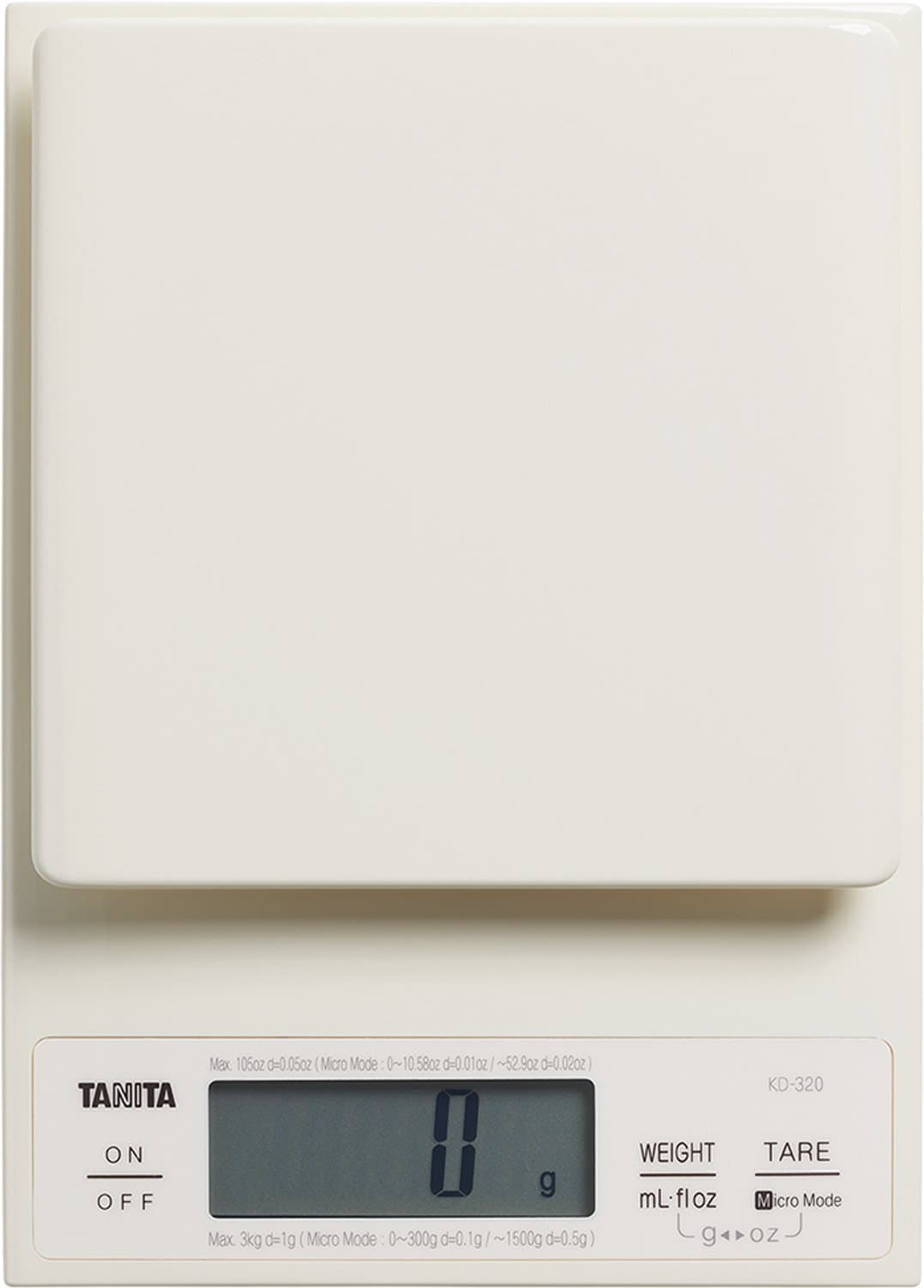 Professionele Japanse keukenweegschaal Digitaal - 0,1 Gram en ML Nauwkeurig, Belastbaar tot 3KG - Verhoogd Weegplateau Voor Extra Precisie en Gebruiksgemak - TANITA KD-320