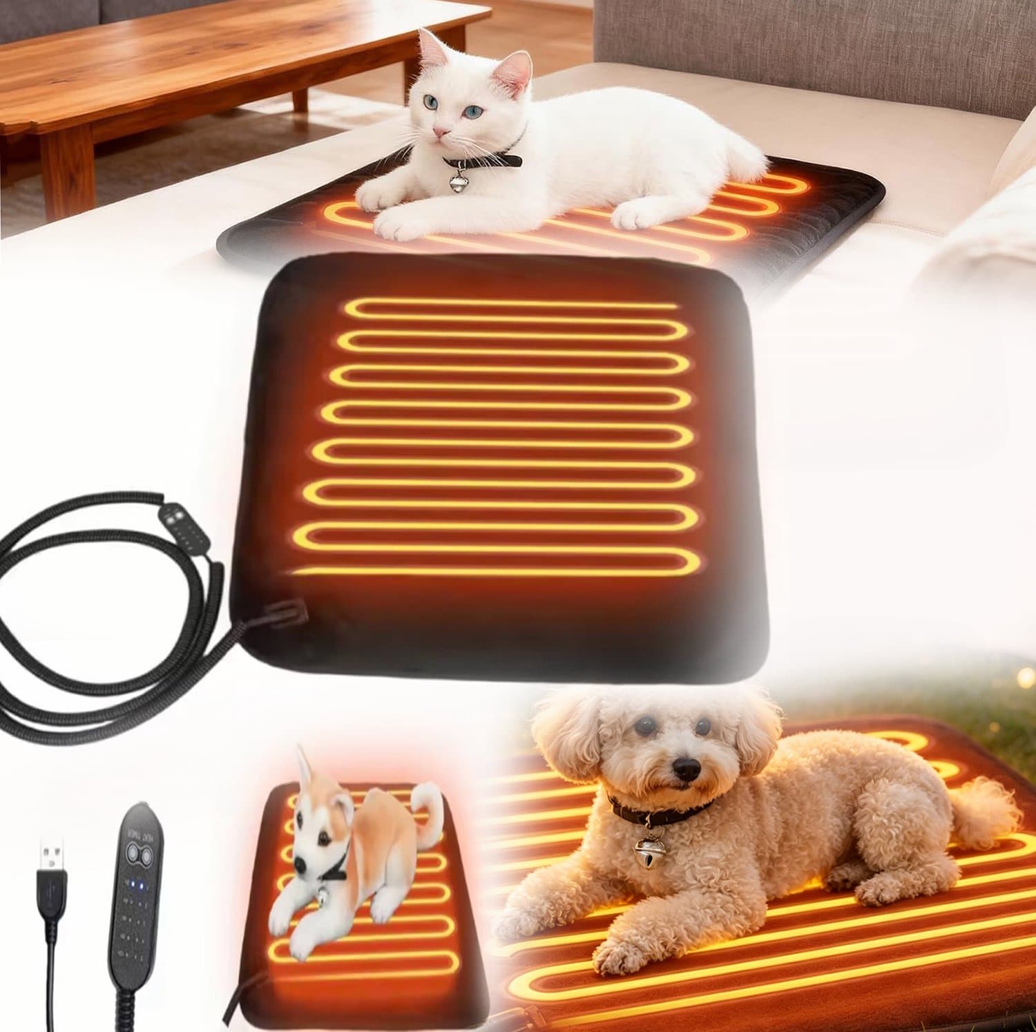 Warmtekussen Voor Huisdieren, Verwarmingskussen Voor Honden en Katten, Met Kauwbestendig Snoer en Timer, Instelbare Temperatuur.