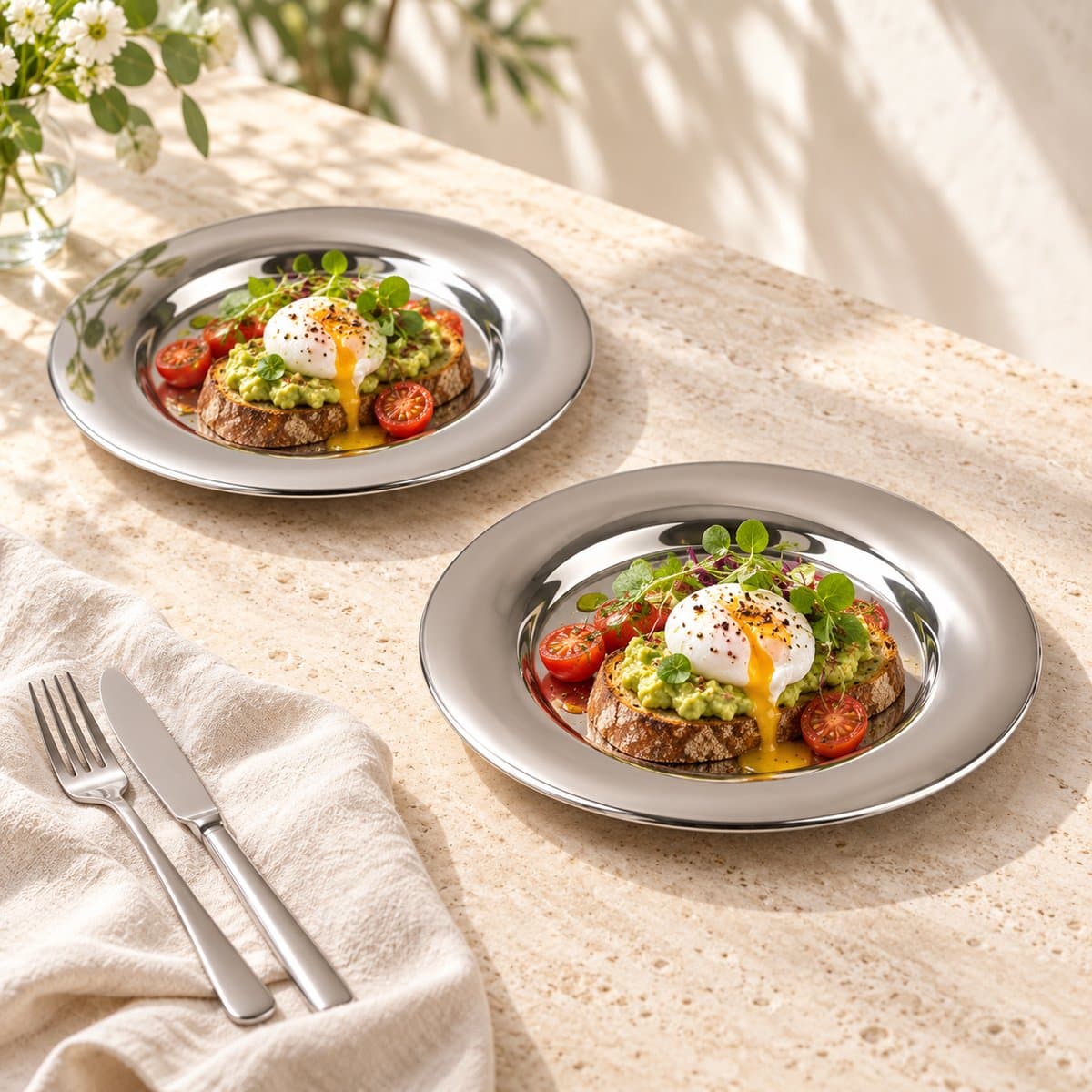 Fameilleur- RVS Serveerborden Ø20 cm-Set van 2 –Zilveren Presentatieborden met Glanzende Chroomafwerking – Ronde Hapjesborden, Dessertborden, Voorgerechtborden en Onderborden-Vaatwasmachinebestendig – Voor Thuis, Feest, Restaurant, Catering en Horeca