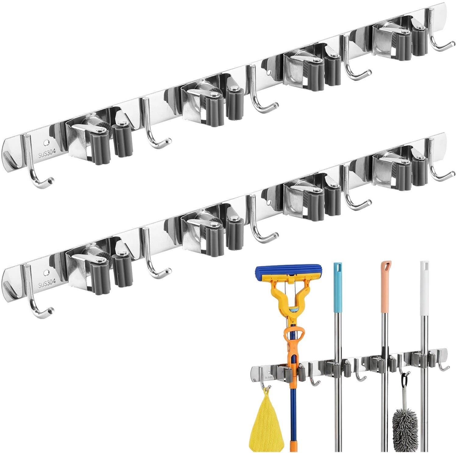 Maclean - Set van 2 stuks Wandhouder - Wandrek voor tuingereedschap en dweilen - met haken, max. belasting 20 kg, breedte 49 cm, MC-184