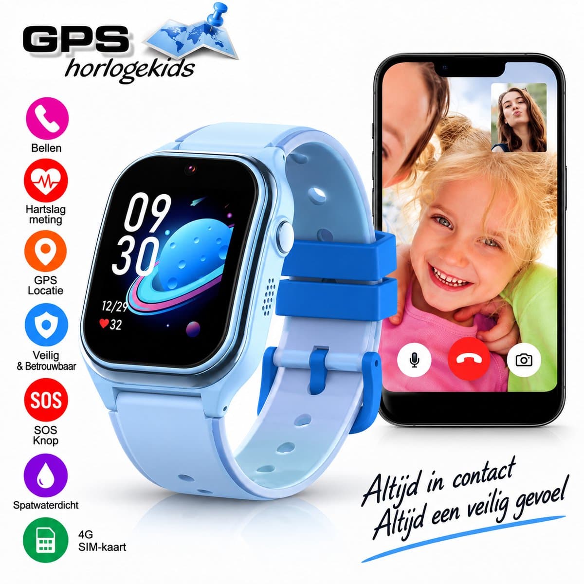 GPSHorlogeKids© - smartwatch kinderen - GPS horloge kind - kleinste model 2026 - kinder smartwatch - 4G videobellen - SOS alarm – veilige zone - klasse tijd - alarm - spatwaterdicht - hartslag - incl. SIM - CURVE blauw