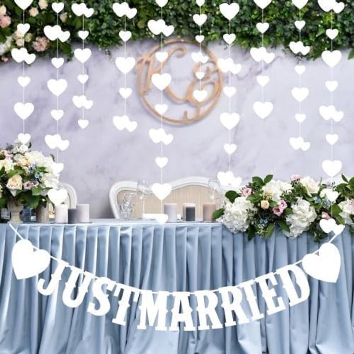 Gehuwde Versiering met 4 Stukken, 4m Dubbelzijdige Witte Hart Hangers, Vlaggen en Hartguirlandes voor Huwelijk en Bruiloft Babyshower Decoratie