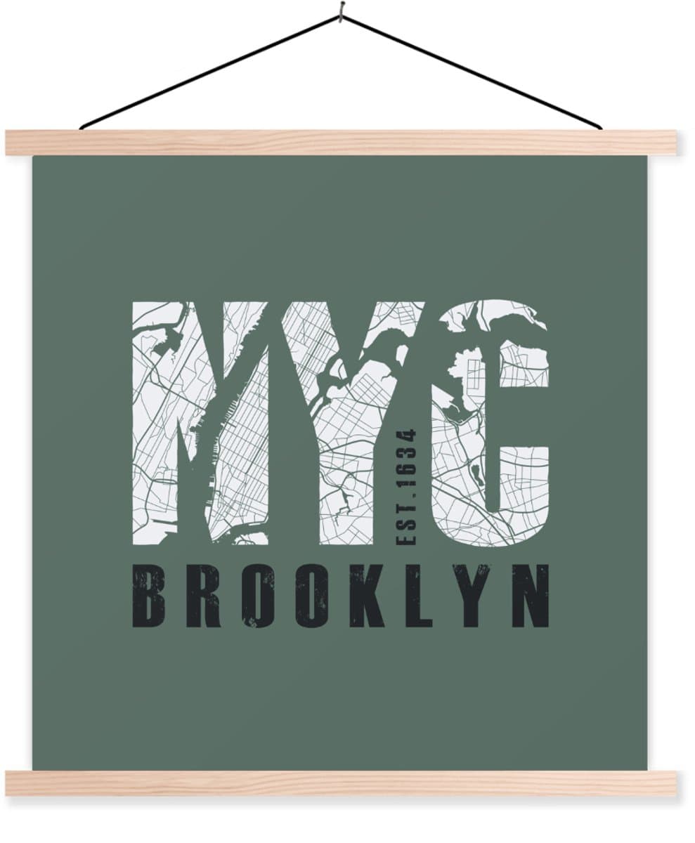 Posterhanger incl. Poster 120x120 cm - Schoolplaat - New York - Groen - Plattegrond - Textielposter - Blanke latten - Stadskaart