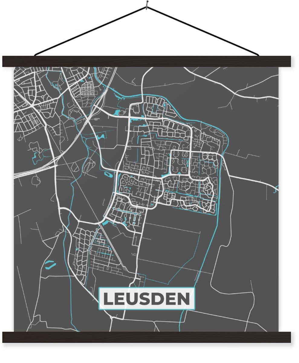 Posterhanger incl. Poster 120x120 cm - Schoolplaat - Stadskaart - Leusden - Grijs - Blauw - Textielposter - Zwarte latten