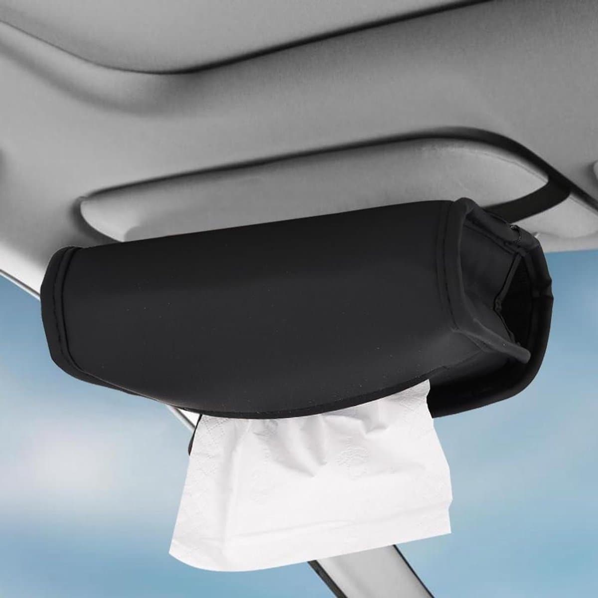 Cosensi - Leren auto zakdoekbox met deksel, elastiek en gesp - Zwart - Organiser voor zonnekleppen, middenconsoles, armleuningen en autostoelen