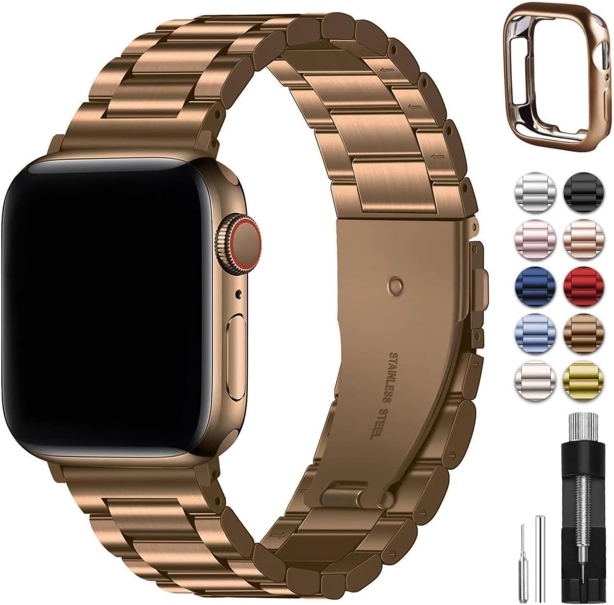 Zandarix Geschikt voor Apple Watch 45/44/42mm - Apple Watch Band Roestvrij Staal horlogeband - Goud Koffie