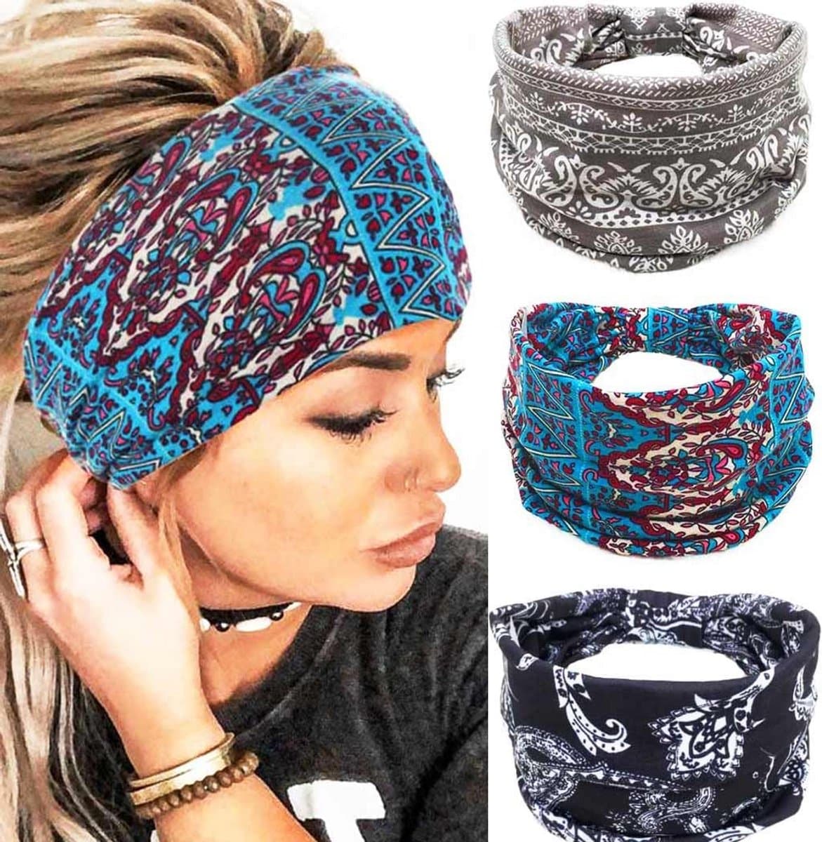 Set van 3 Boho Haarbanden Dames – Brede Geknoopte Turban Hoofdbanden – Elastische Haaraccessoires met Luipaard- en Streepdessin