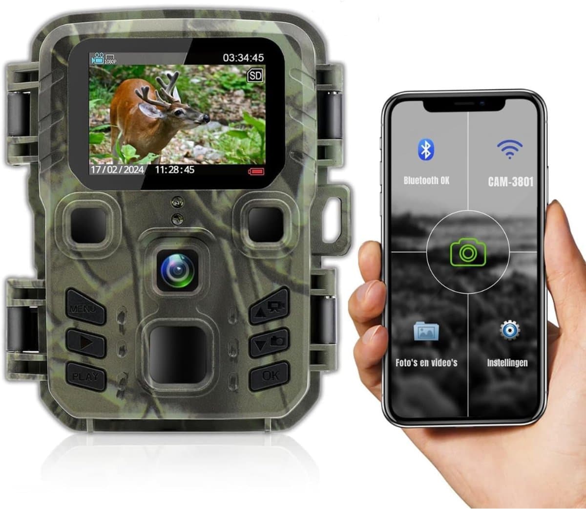 Aurixi® Wildcamera met nachtzicht en WIFI - ‎Camouflage - 10cm x 9cm x 5cm