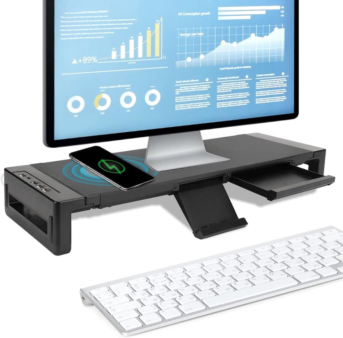 Monitor Verhoger - Bureau Organizer - Thuiswerk Optimalisatie - 4-in-1 Multifunctioneel - 66 Lbs Draagkracht - Zwart