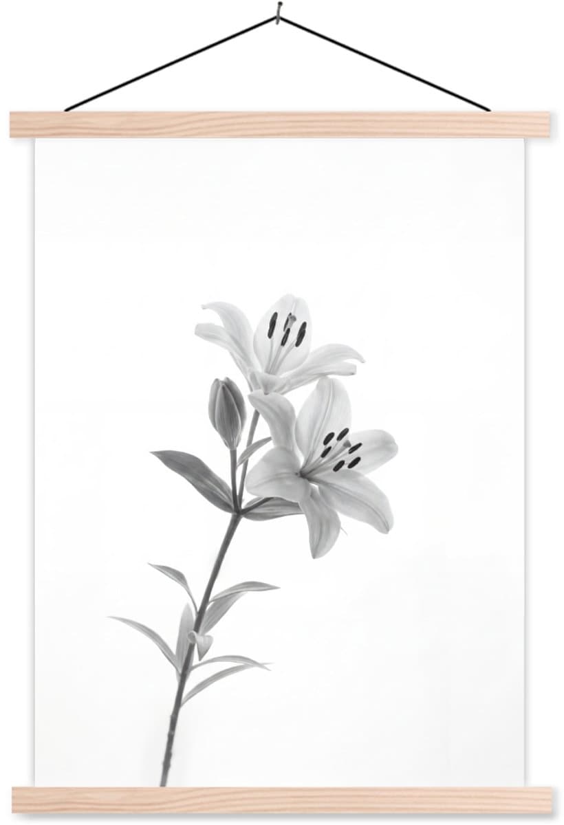 Posterhanger incl. Poster 60x80 cm - Schoolplaat - Lelies - Elegant - Zwart - Wit - Textielposter - Blanke latten