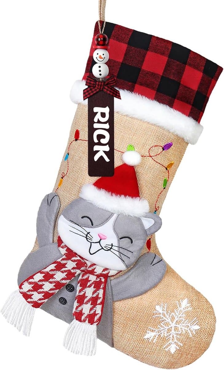 Gepersonaliseerde Kerstkousen Jute Look met Naamkaartjes en 3D Figuren
