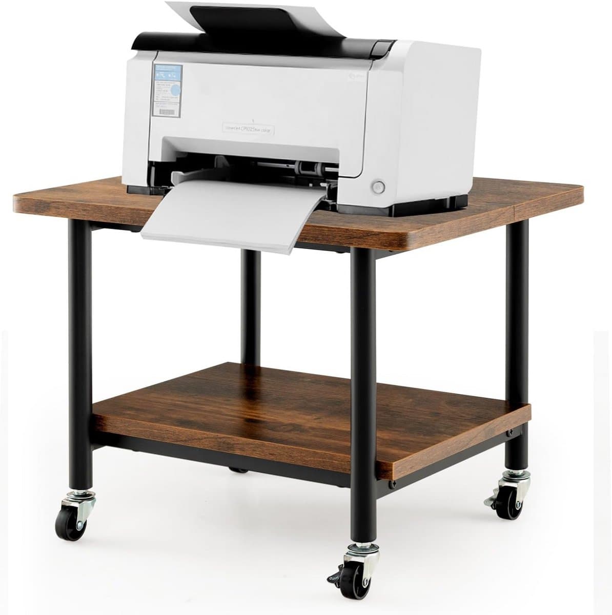 Mobiele Printertafel met 2 Planken en Vergrendelbare Wielen - Houten Rolcontainer voor Kantoor of Thuis
