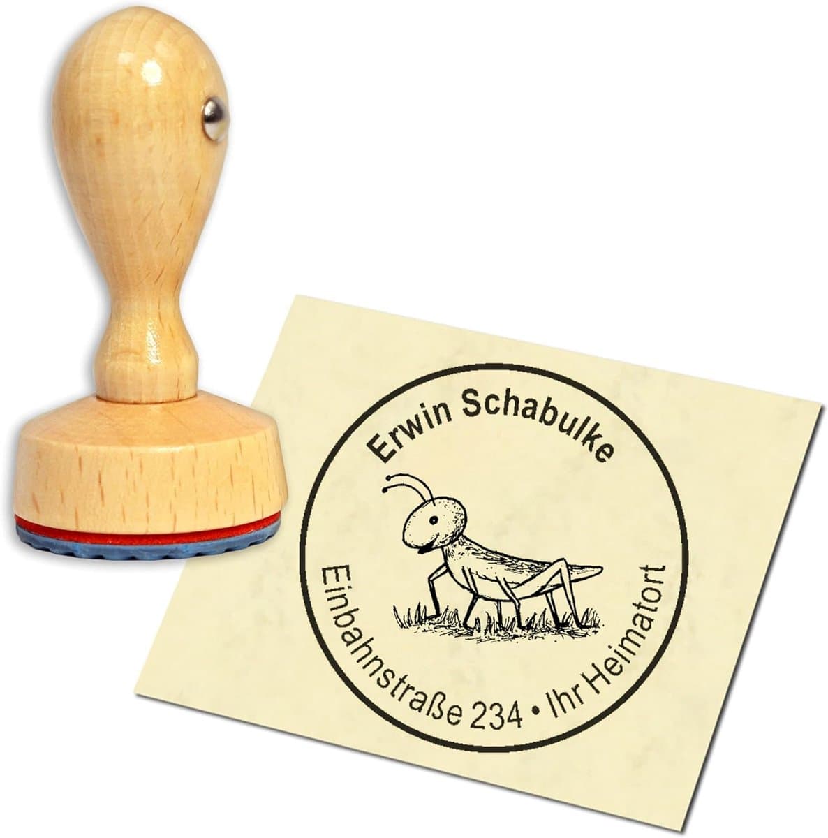 Houten adresstempel - Gepersonaliseerde stempel - Zakelijk post versturen - Uniek grashopper motief - Diameter 40 mm - Zwart