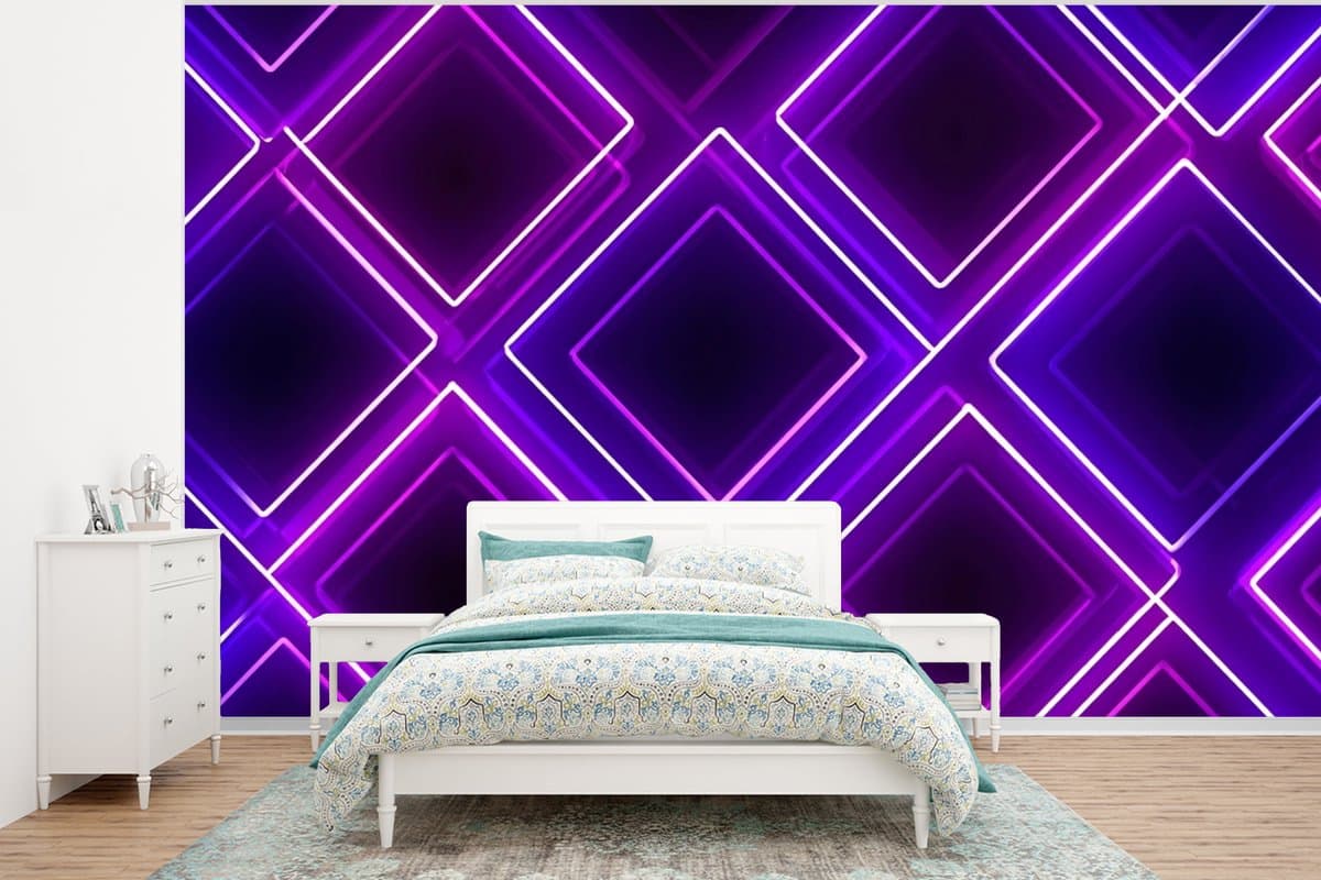 Behang - Fotobehang Gaming - Ruiten - Neon - Paars - Breedte 295 cm x hoogte 220 cm