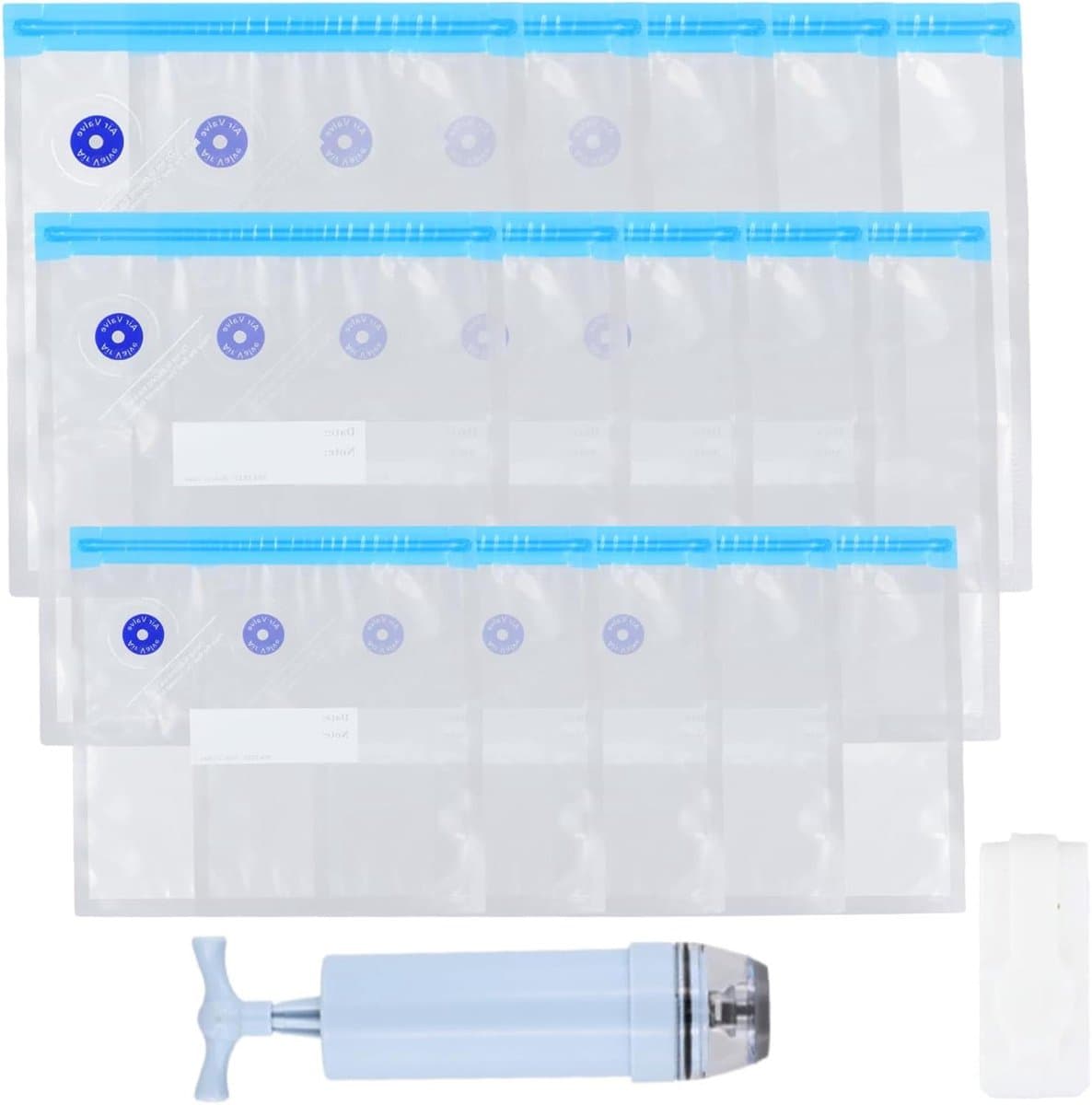 Allecto Plus - 15 stuks vacuüm sealer opbergzakken met handpomp - Herbruikbare diepvrieszakken voor vlees en fruit - Snackverpakkingszakken met glijdende rits - Inclusief 3 maten vacuümzakken.