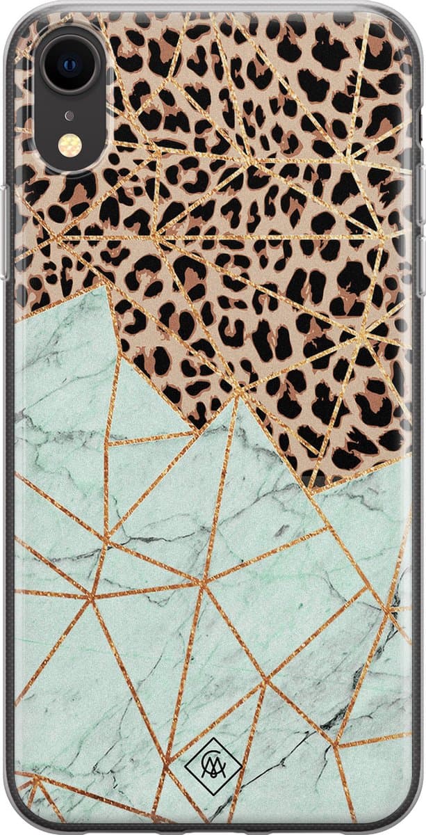 Casimoda® hoesje - Geschikt voor iPhone XR - Luipaard Marmer Mint - Siliconen/TPU telefoonhoesje - Backcover - Luipaardprint - Bruin