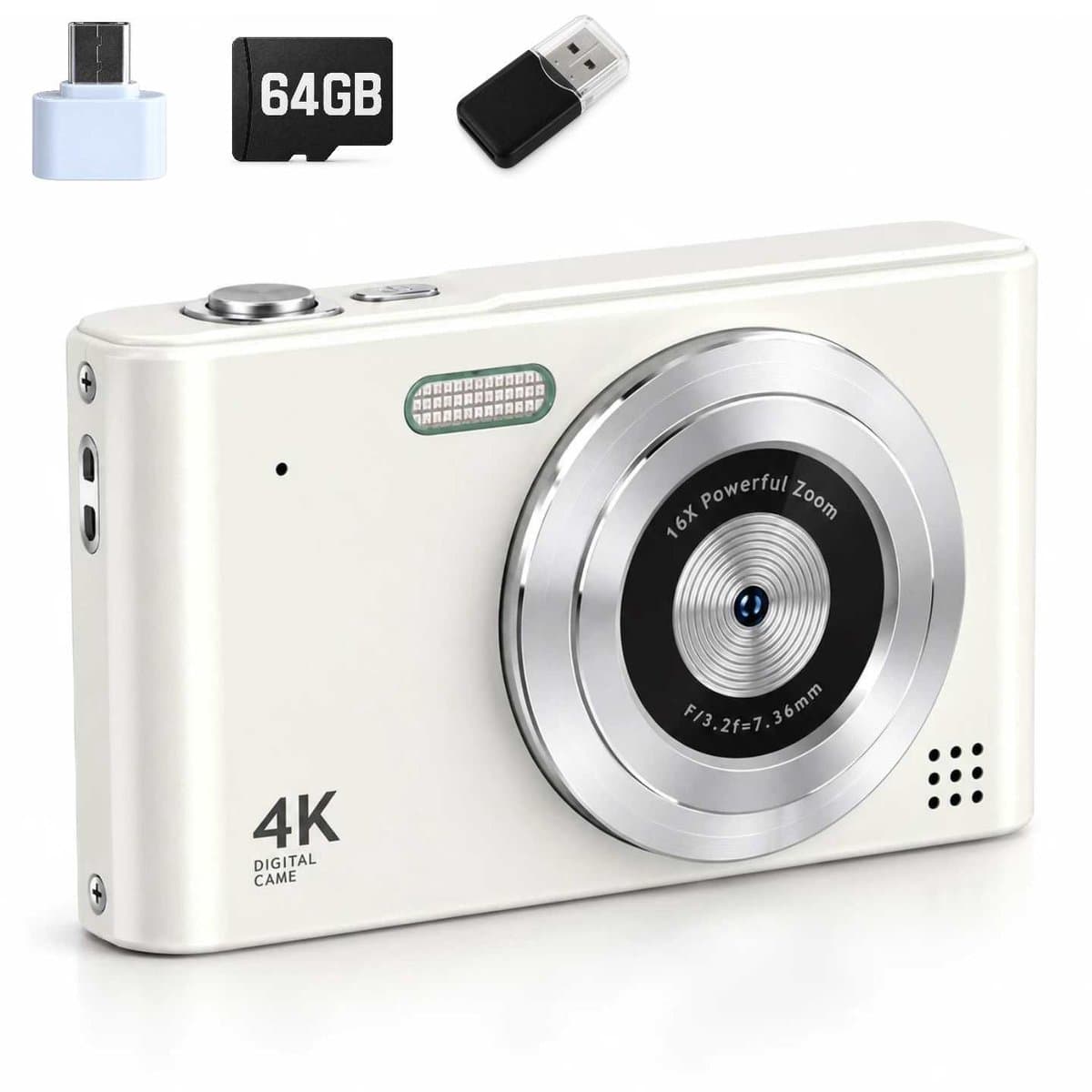 Digitale camera - Compact camera - Inclusief 64 GB SD-kaart - Wit