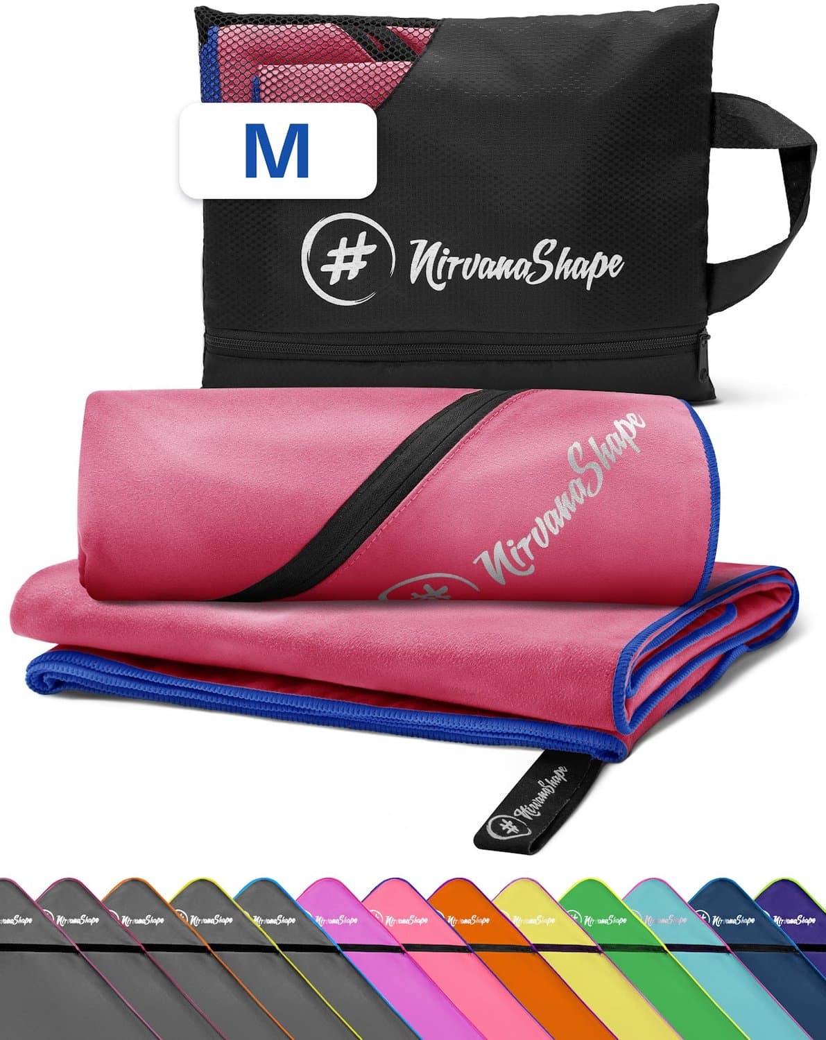 NirvanaShape - microvezel handdoek - strandlaken en badlaken - sneldrogend en absorberend - sporthanddoek met slimme hoekzak - 120 x 60 cm - Koraalrood / Blauwe Rand