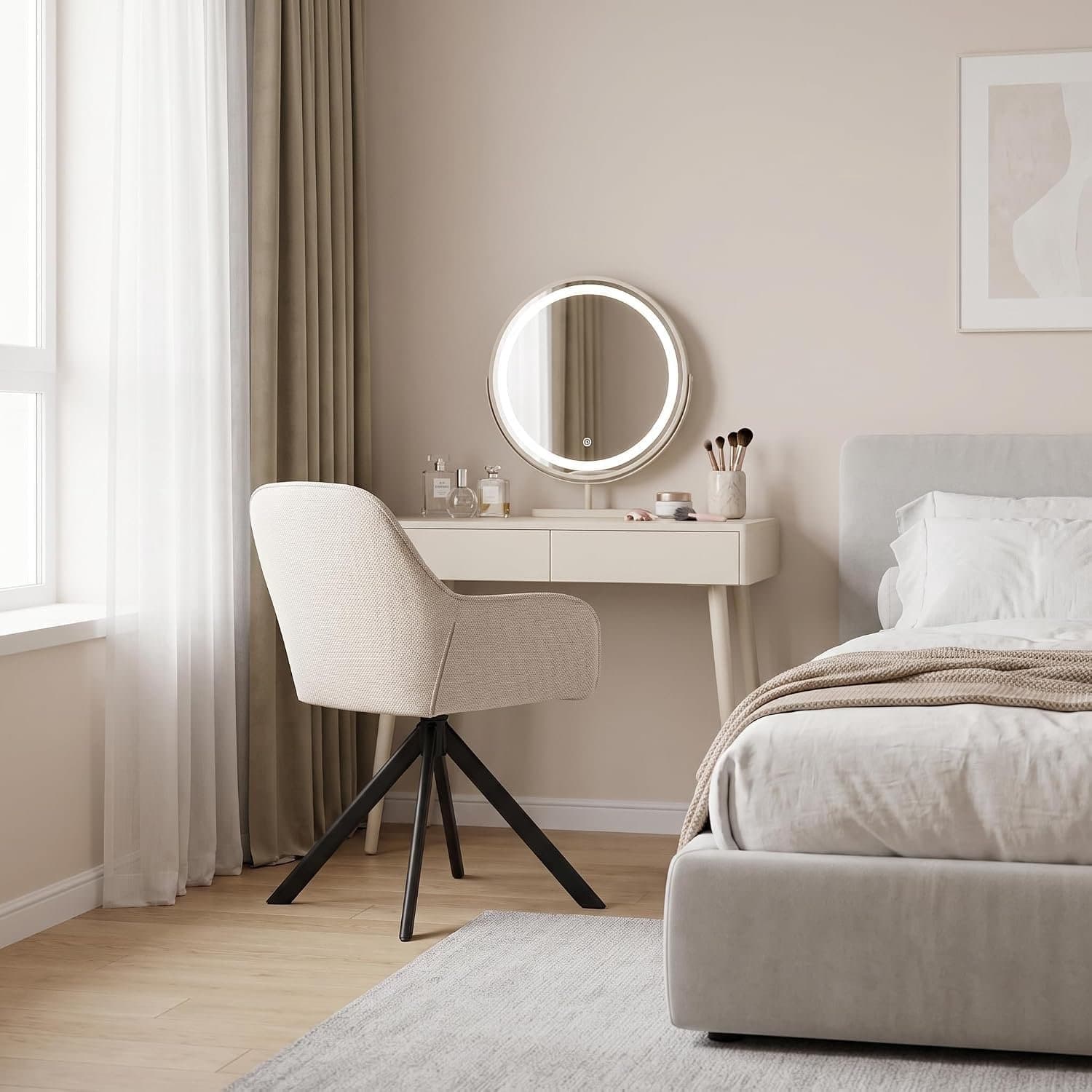 Lunaro 360° Draaibare Eetkamerstoelen met Armleuningen Beige Set van 4 – Gestoffeerde Draaistoelen 42 × 42,5 × 83 cm – House&Garden