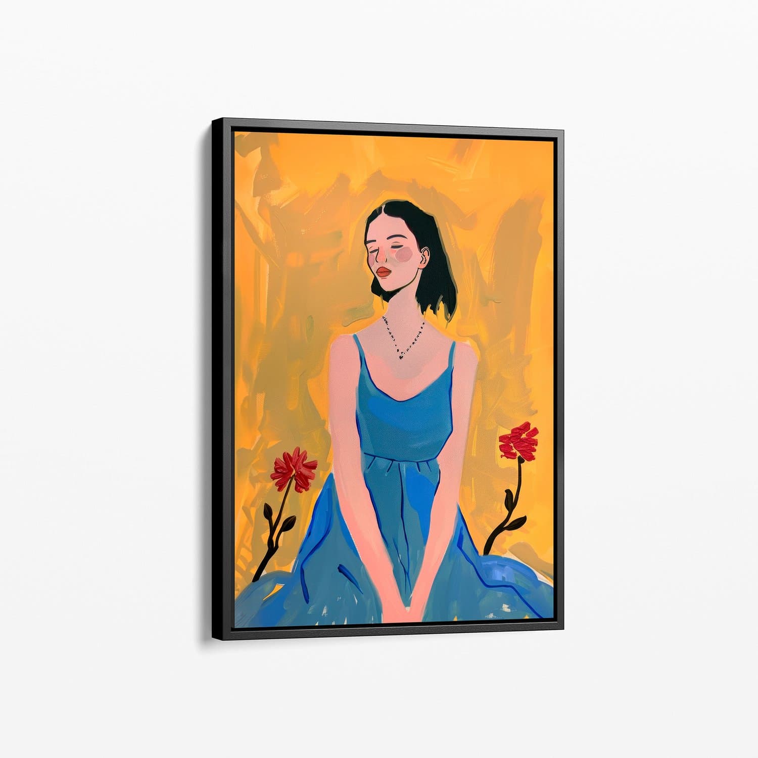 Dromerige vrouw geel - Schilderij op Dibond met Zwarte Baklijst 40x60 cm - Wanddecoratie op Aluminium Dibond