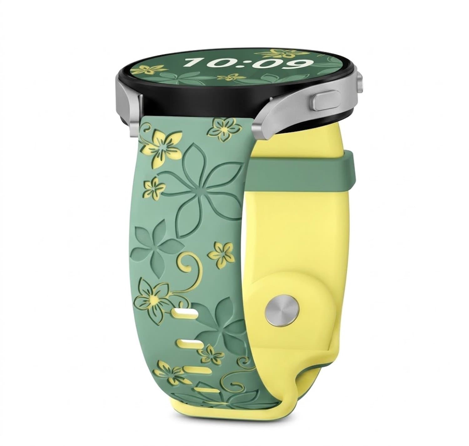 Groen geel silicone horloge band dames geschikt voor 22mm Geschikt voor serie samsung galaxy watch 3 (45 mm) / Galaxy Watch 46 mm horloge – bloemen patroon horlogeband – two tone floral engraved design