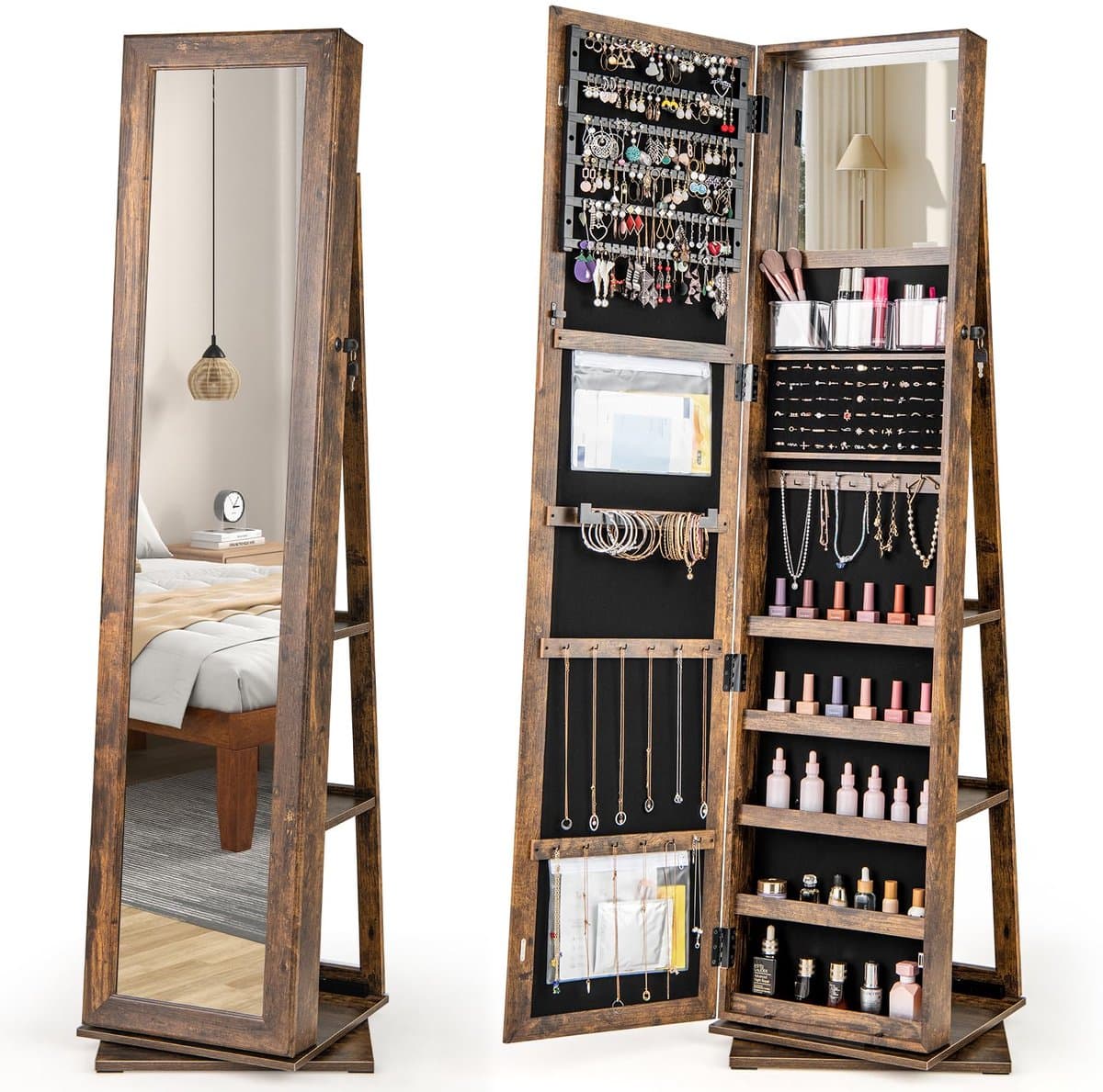COSTWAY 360° draaibare sieradenkast, sieradenorganizer met full-body spiegel, rugplanken, make-upspiegel, 3 acryl dozen & 2 vakken met ritssluiting, vrijstaande spiegelkast (vintage bruin)