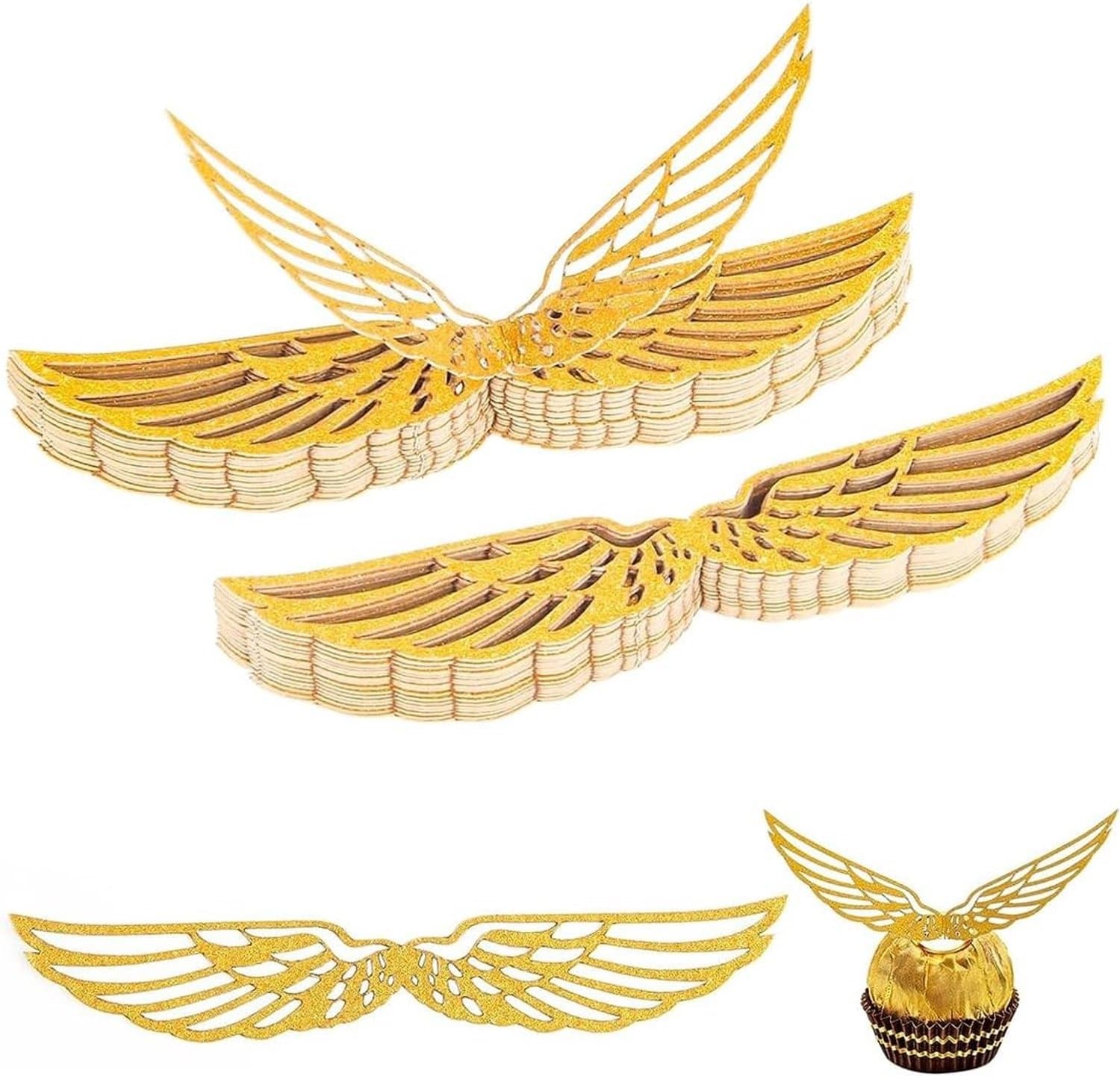 50 Stuks Gouden Snitch Vleugels voor Feestdecoratie, Taartdecoratie, Cupcake Toppers en Chocoladeversiering voor Verjaardagsfeestjes