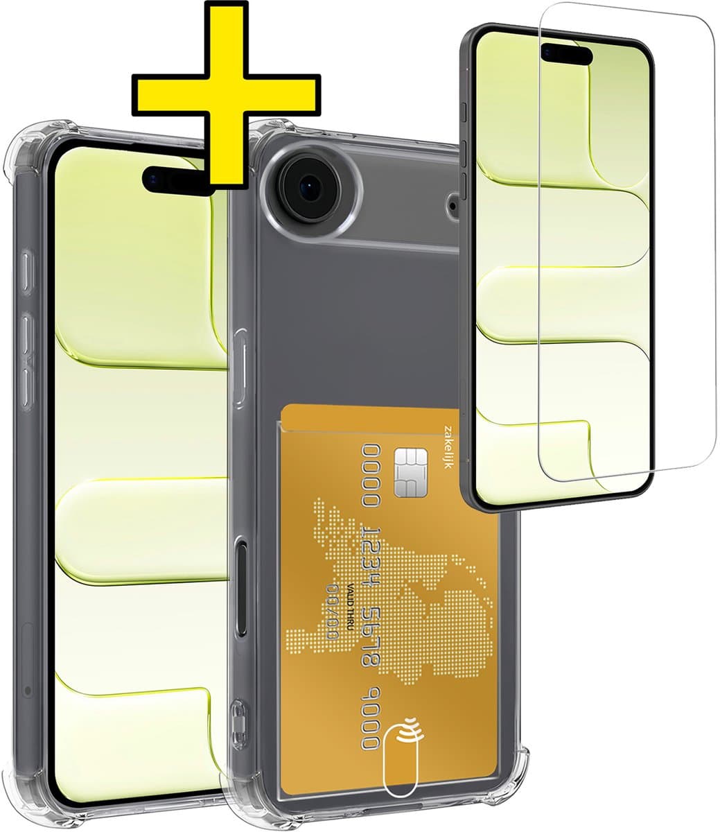 Hoesje - Geschikt voor Apple iPhone Air - Met Screenprotector - En Pashouder - En Kaarthouder - Telefoon Hoes Shockproof - Siliconen Case - Back Cover - Shock Proof - Pasjes Houder - Telefoonhoesjes - Transparant