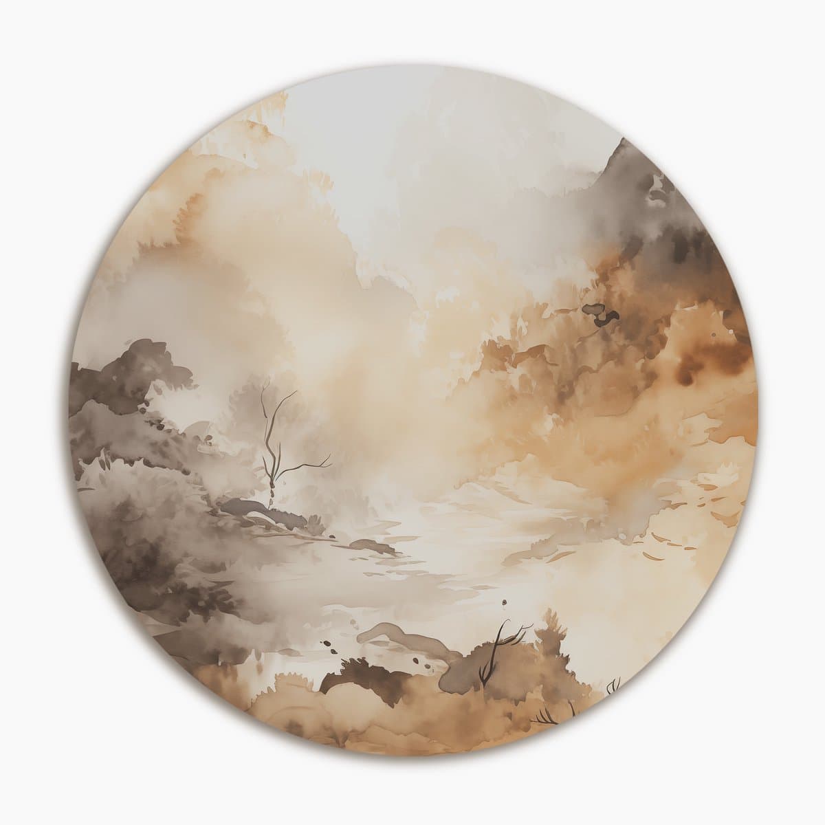 Mistige boslandschap in beige - Muurcirkel 120x120 cm - Wanddecoratie op Aluminium Dibond - Rond Wandpaneel