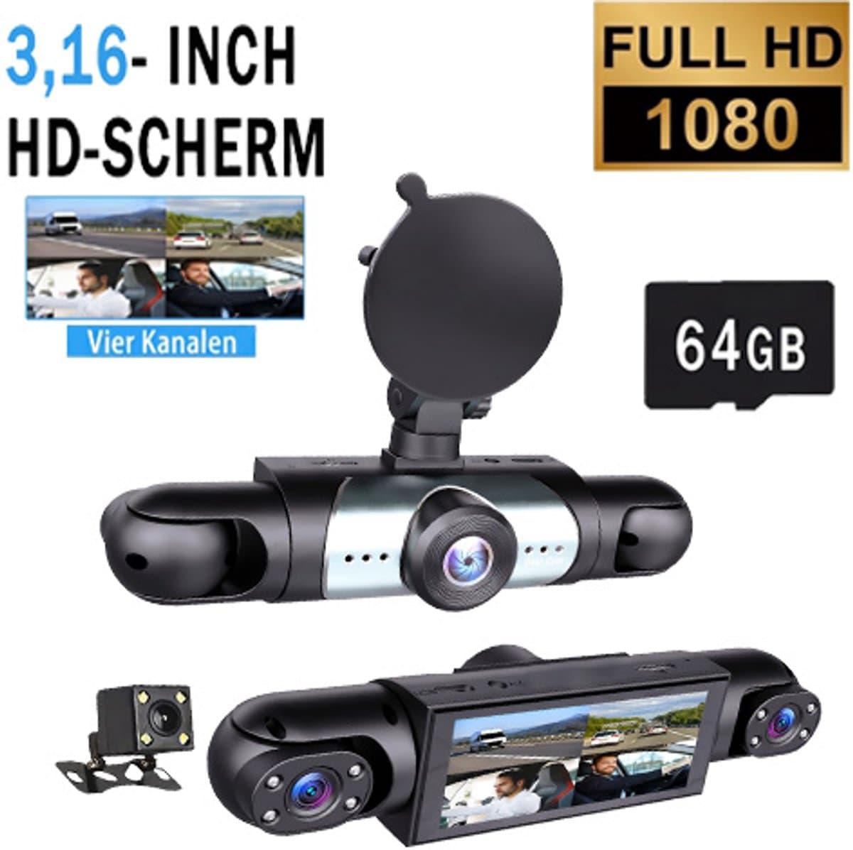 SOGIOL Dashcam Auto - 4 Lenzen (Voor, Achter, Links, Rechts) - 1080P Full HD -Incl. 64GB SD-Kaart - WiFi & GPS - Nachtzicht - G-Sensor - Parkeerbewaking - 3,16 Inch met App