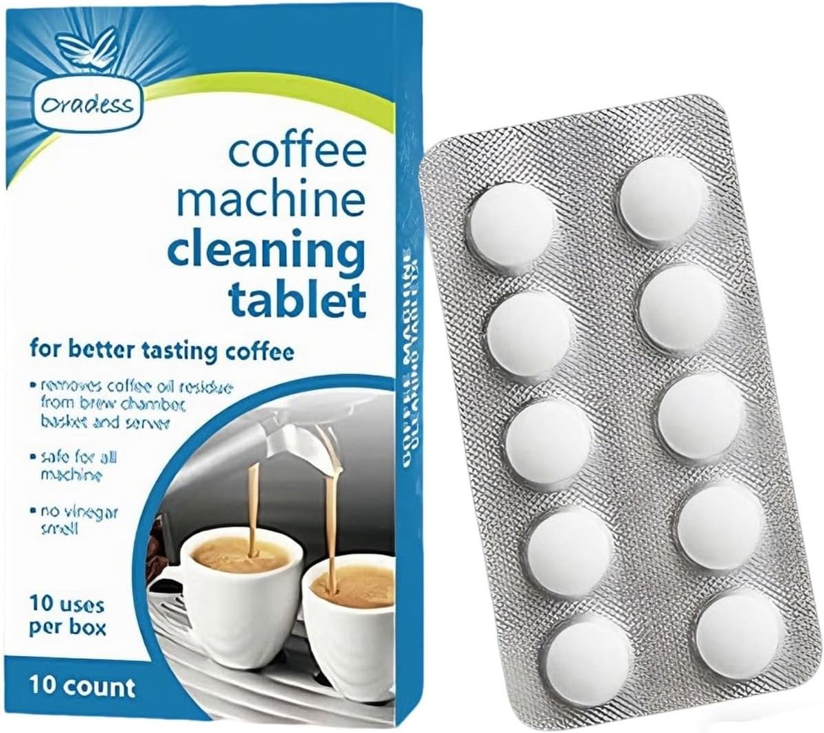 Dieptereinigingstabletten voor Automatische Koffiemakers en Drankflessen, 10 Stuks, Actieve Zuurstof, Geschikt voor Diverse Materialen en Effectieve Ontkalking