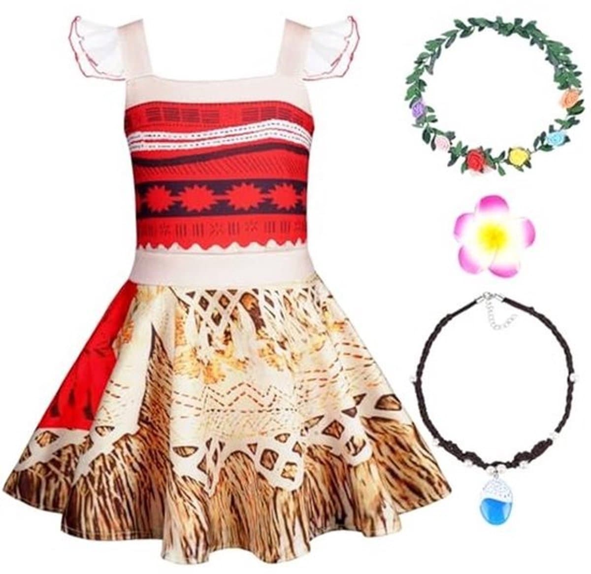 Prinsessenkostuum voor Meisjes met Bloemenkrans en Halsketting - A-lijn Moana Outfit voor Feestjes, Verjaardagen en Carnaval
