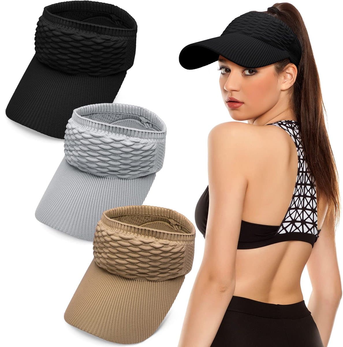 COOAU - 3 Stuks Brede Rand Zonnehoeden voor Dames - UV-bescherming & Zonneklep - Vizier met Paardenstaartopening - Gebreide Sportmuts voor Hardlopen, Golf & Strand - Elastisch & Comfortabel - Zwart,Grijs&Kaki