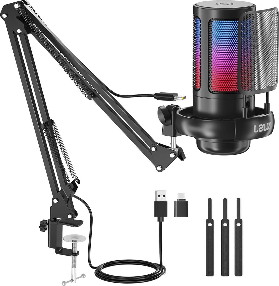 Gaming Microfoon Kit voor PC RGB Condensator Microfoon - Podcast Mic met Monitor Jack - Snelle Mute Gain Control - Mic Boom Arm Stand voor Opnemen Twitch Mac PS4/5