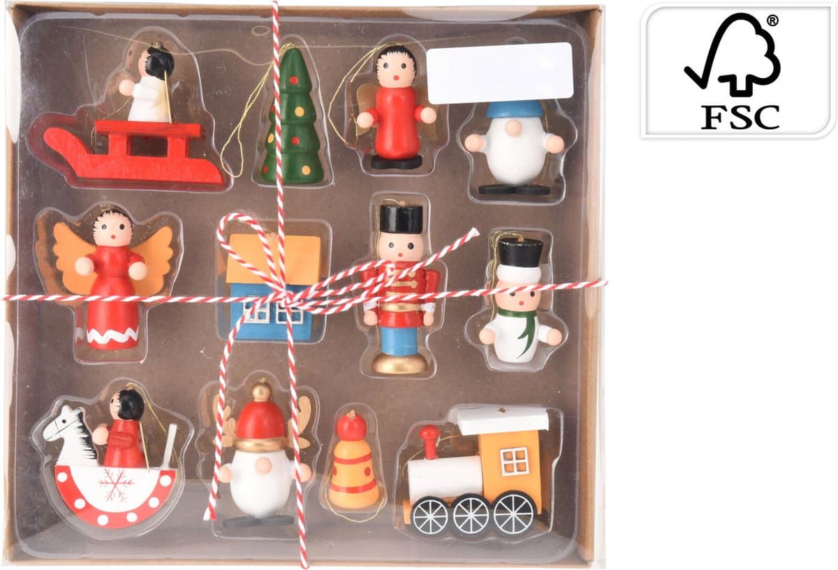 Koopman Houten Hangdeco Kerstornamenten Set - 12 stuks, Traditioneel, 205 x 195 mm