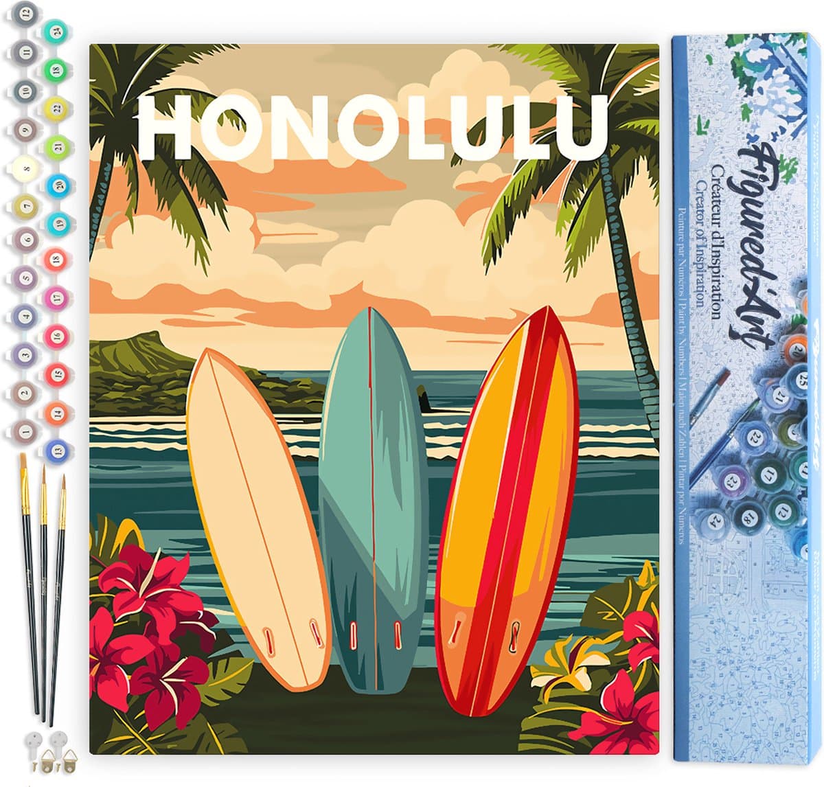 Figured'Art Schilderen op Nummer Volwassenen canvas Reisposter Honolulu- Handwerk acrylverf Kit DIY Compleet - 40x50cm zonder frame